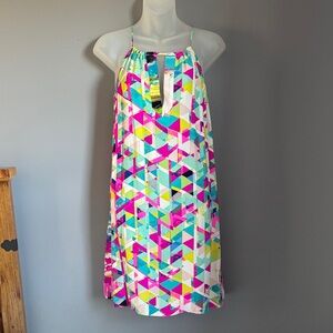 Alice & Trixie Neon Geometric Slip Midi Dress in Pink, Teal, Yellow, White